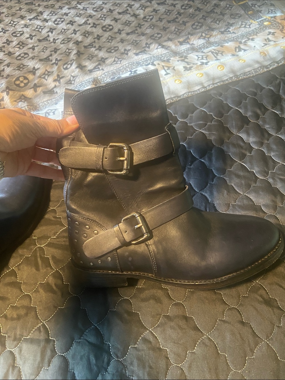 Women Black Leather Double-Buckle Ankle Boots